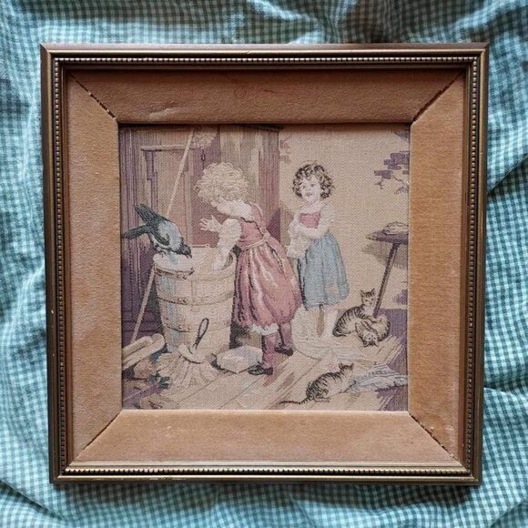 Vtg LAUNDRY Art Kittens Kids Girls Framed Fabric Tapestry Antique Needlepoint - Picture 1 of 5